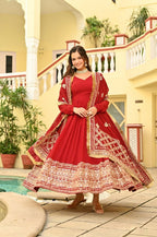 Teeya Creation Red Color Faux Georgette Wedding Wear Embroidery Work Long Gown | Grocsy