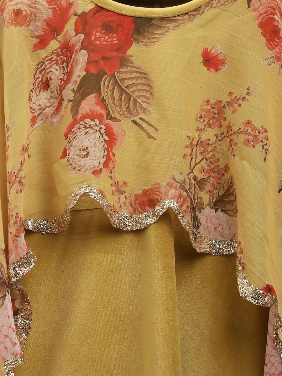 Ahalyaa Mustard Velvet Kids Dress With Attached Dupatta For Girls | Grocsy