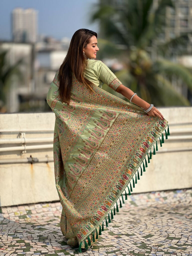 Pista Pashmina Silk Wevon Kashmiri Meenakari Designer Saree with Unstitched Blouse - Vandini | Grocsy