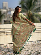 Pista Pashmina Silk Wevon Kashmiri Meenakari Designer Saree with Unstitched Blouse - Vandini | Grocsy