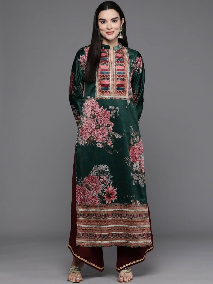 Ahalyaa Women Floral Printed Gotta Patti Velvet Kurta - Green Color | Grocsy