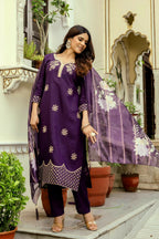The52 Wine Women's Beautiful Viscose Chanderi Fabric Thread Work Straight Kurta Pant and Dupatta Set | Grocsy