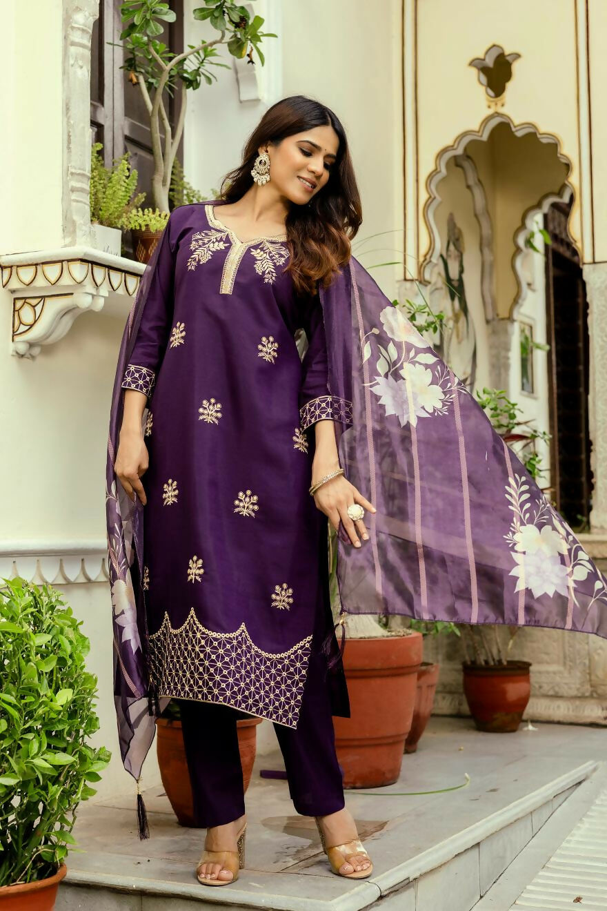 The52 Wine Women's Beautiful Viscose Chanderi Fabric Thread Work Straight Kurta Pant and Dupatta Set | Grocsy
