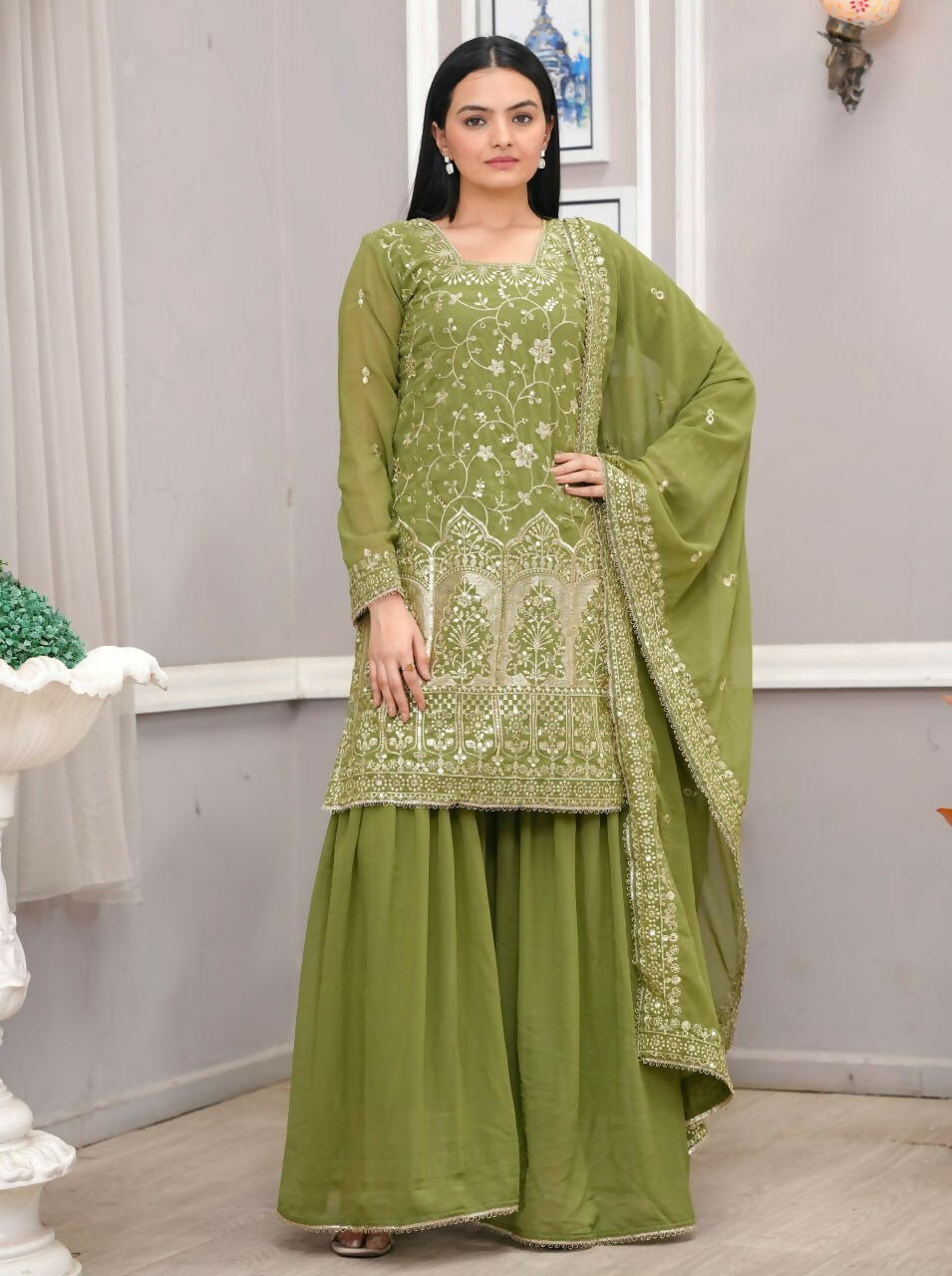 Teeya Creation Mehendi Green Faux Georgette Embroidery Work Sharara Set | Grocsy