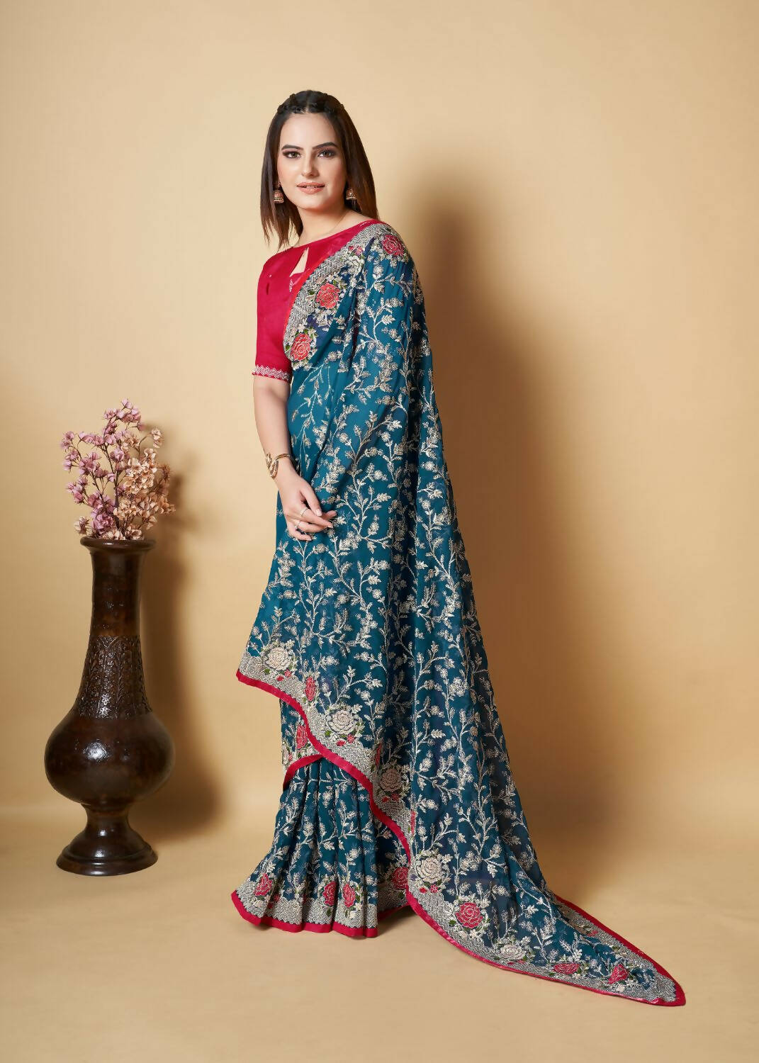 Vamsee Teal Organza Saree | Grocsy
