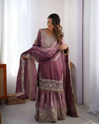 The52 Women's Beautiful Chinon silk Fabric Embroidery Work Straight Kurta Palazzo and Dupatta Set | Grocsy
