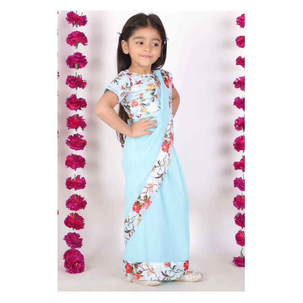Little Bansi Girls 90's Era Saree with Silk Floral Blouse - Sky Blue | Grocsy