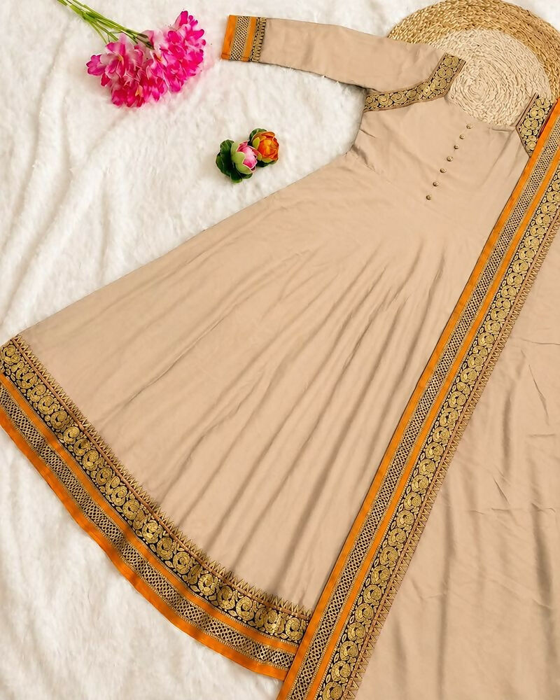 Teeya Creation New Trendy Stylish Cream Solid Anarkali Kurta with Traditional Golden Border Dupatta Set | Grocsy