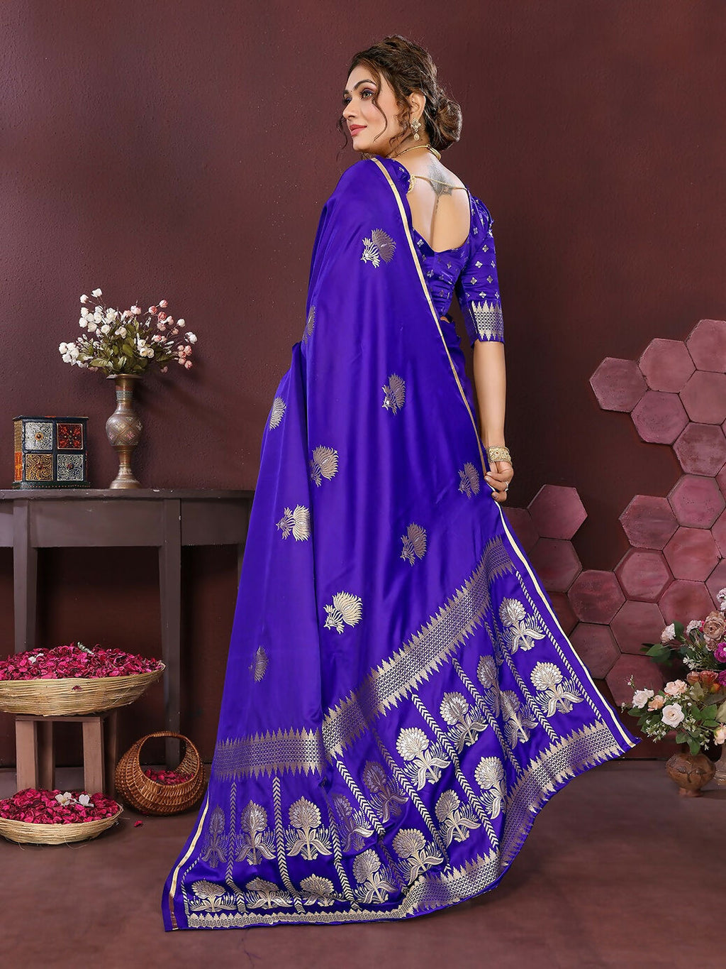 Joban Fashion Royal Blue Floral Motifs Banarasi Silk Sarees | Grocsy