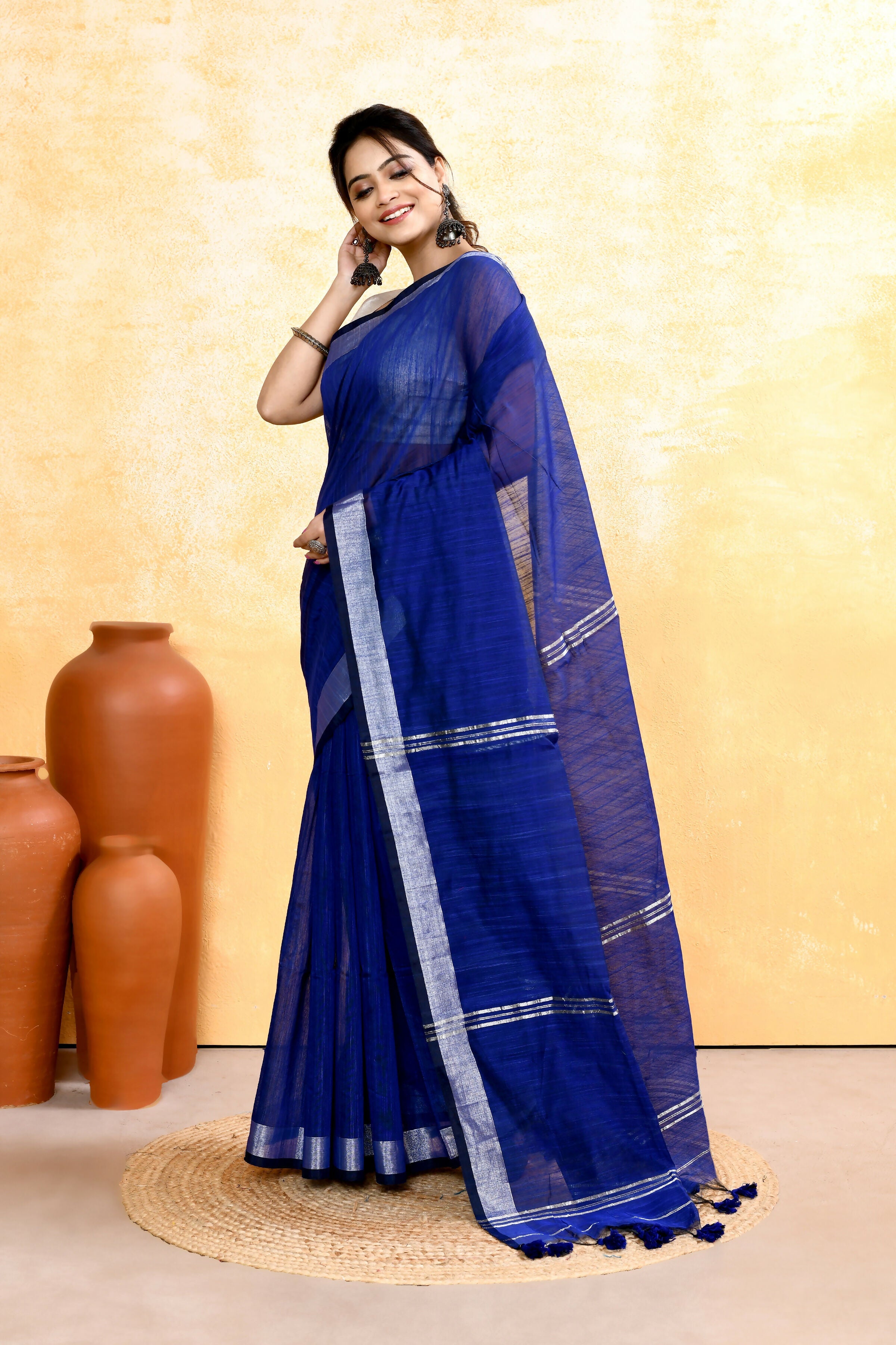 Piyari Fashion Women's Royal Blue Embellished Cotton Blend Zari Border Handloom Saree | Grocsy