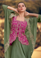 Anaita Mehendi Chinon Readymade Shrug Suit with Heavy Embroidery Work | Grocsy