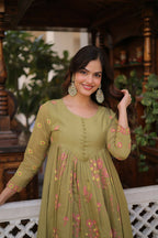 Teeya Creation Womens New Fancy Mul Chanderi With Embroidered Work Gown Set | Grocsy