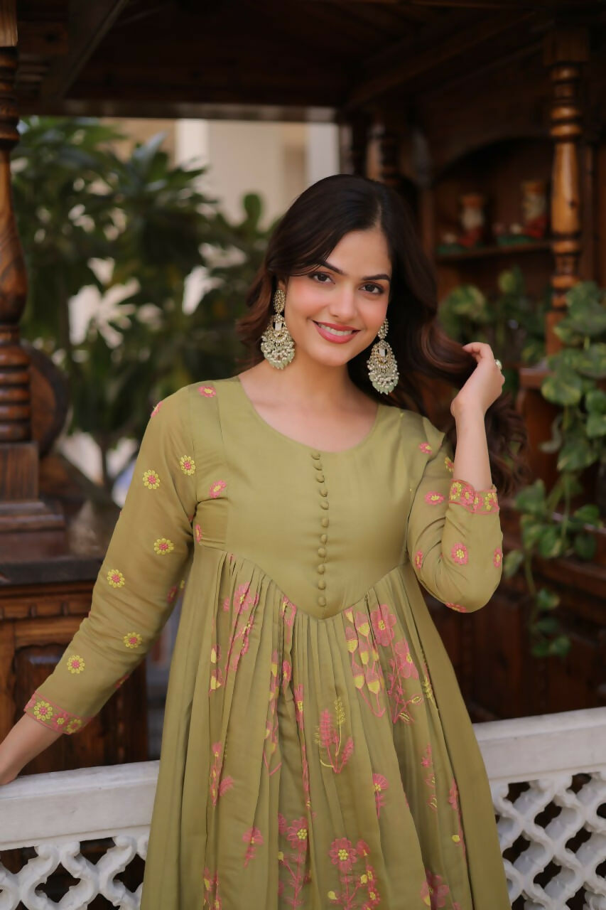 Teeya Creation Womens New Fancy Mul Chanderi With Embroidered Work Gown Set | Grocsy