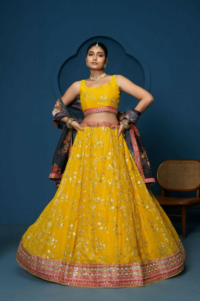 Yellow Floral Georgette Sequence Work Lehenga Choli - Jihu Culture | Grocsy