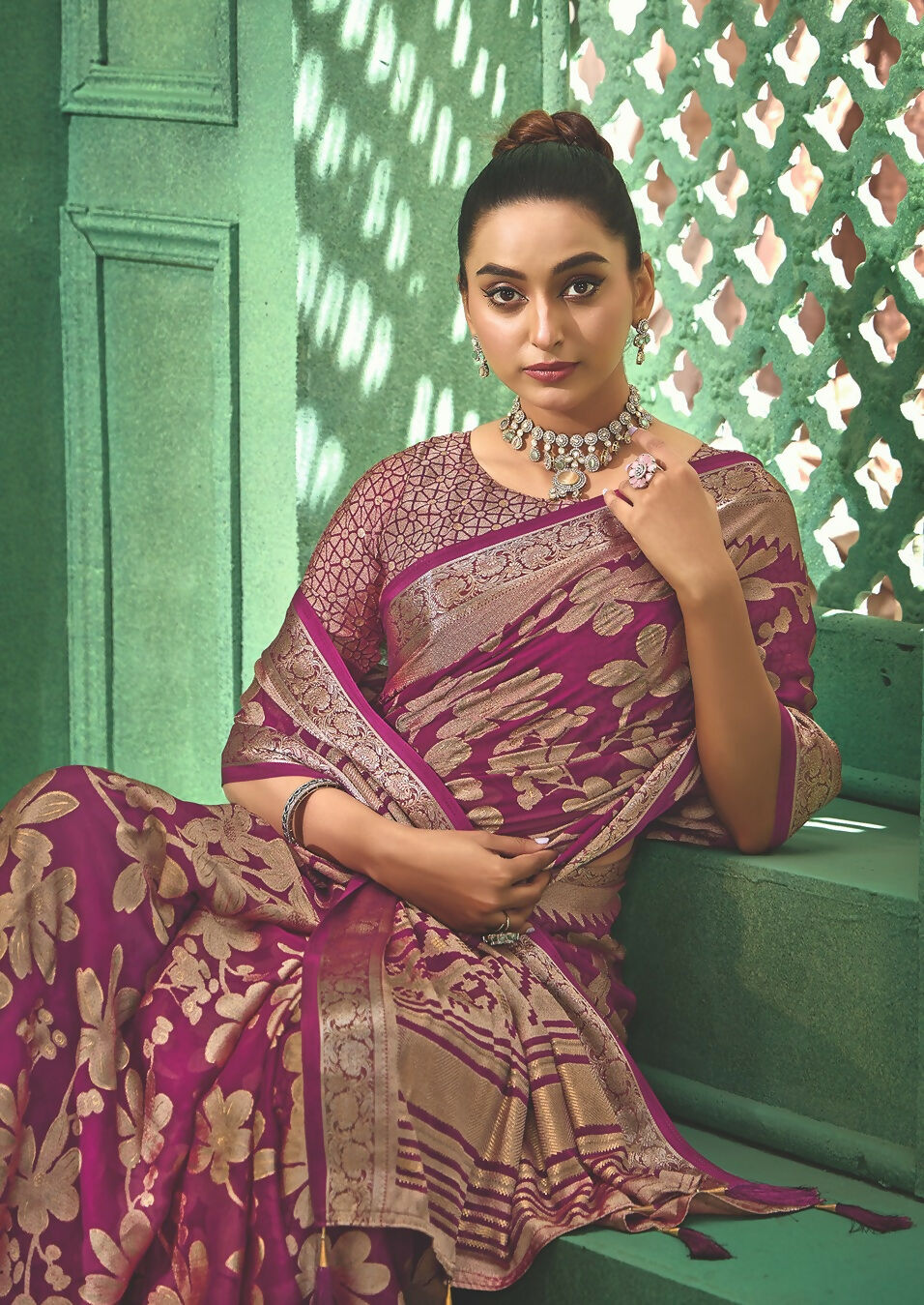 Joban Fashion Deep Magenta Dull Moss Brasso With Kasab Zari Border Saree & Tassels With Brasso Blouse | Grocsy