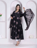 Miravan Black Printed Cotton Anarkali Kurta & Dupatta For Women | Grocsy