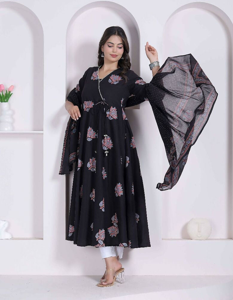 Miravan Black Printed Cotton Anarkali Kurta & Dupatta For Women | Grocsy