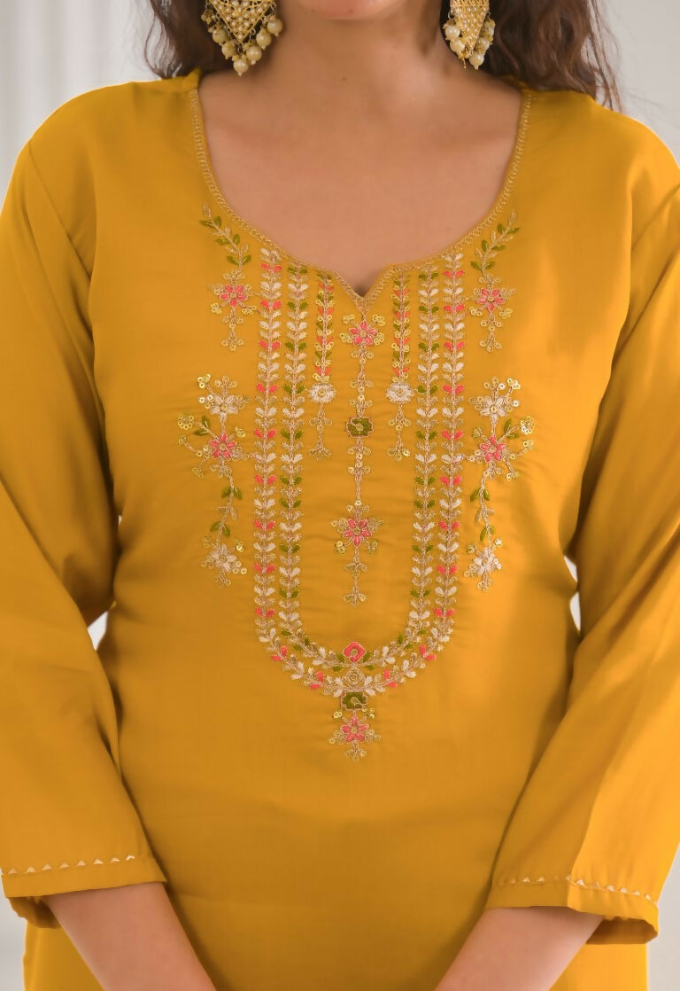 Ethnic Festive Wear Viscose Chanderi Yellow Stitched Suit With Dupatta - Tanisha | Grocsy