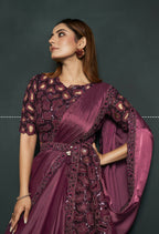 Maroon Silk Crepe Satin Cord Sequence & Thread Embroidered Saree - Moh-Manthan Royal Enigma | Grocsy