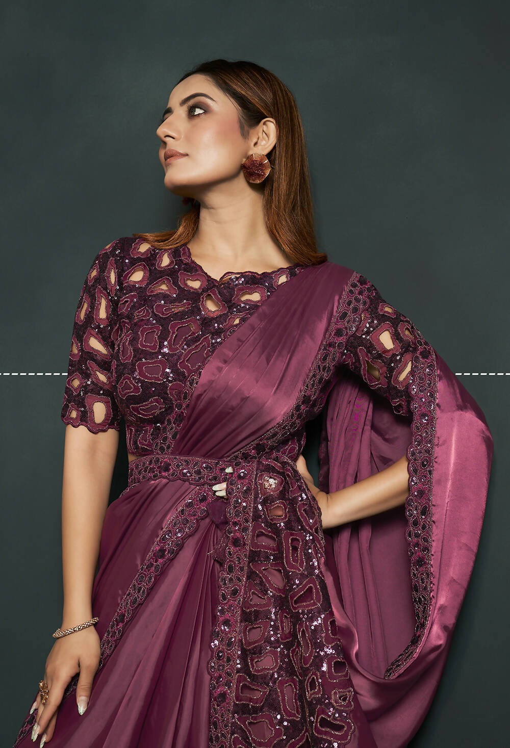 Maroon Silk Crepe Satin Cord Sequence & Thread Embroidered Saree - Moh-Manthan Royal Enigma | Grocsy