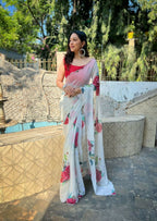 Vamsee Snehal White Georgette Saree | Grocsy