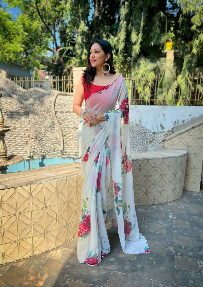 Vamsee Snehal White Georgette Saree | Grocsy