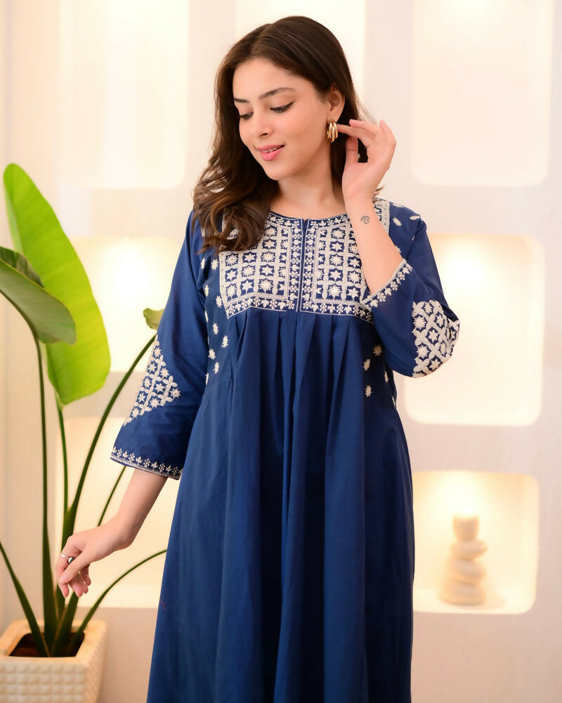 The52 Women's Beautiful Viscose Rayon Fabric Thread Work Flared Kurta Pant Set | Grocsy