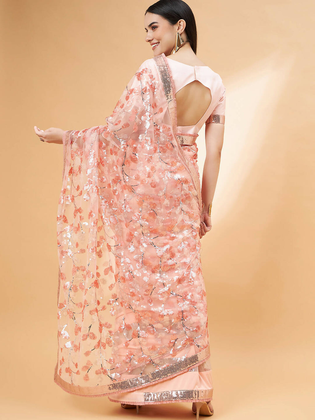 Peach Lycra Sequin Embroidery And Frills Saree - Norita Hit Design | Grocsy