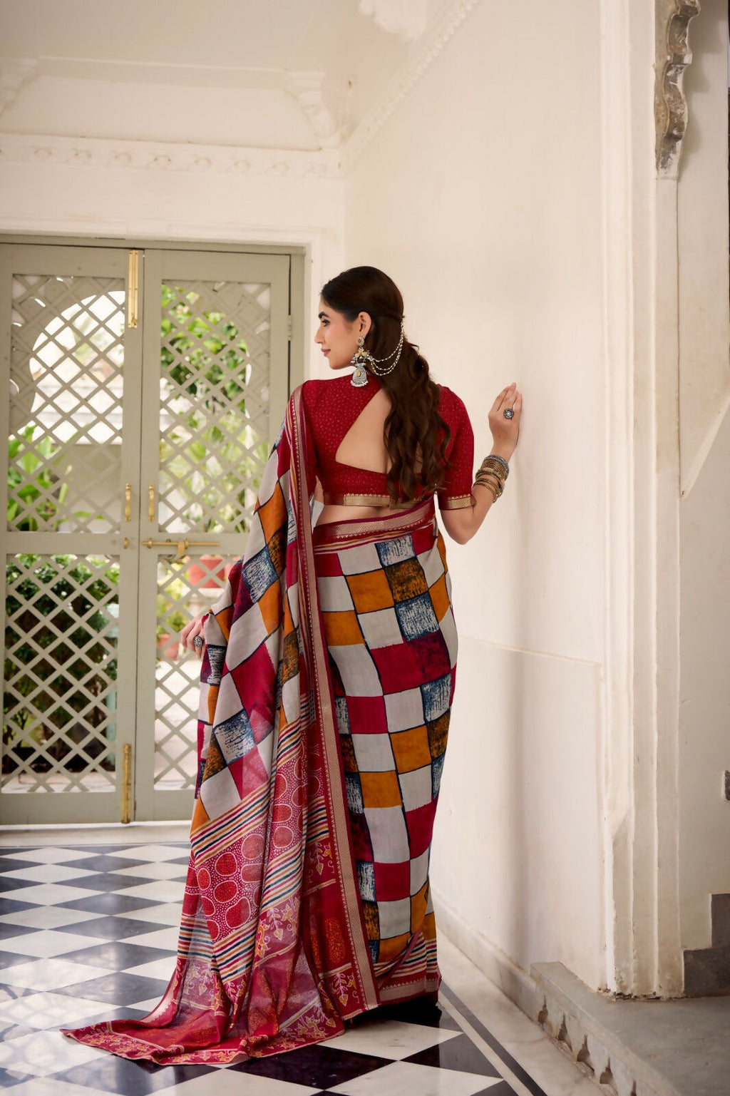 Vastranavya Maroon Viscose Chanderi Printed with Temple Border Saree & Unstitched Blouse | Grocsy