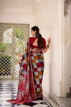 Vastranavya Maroon Viscose Chanderi Printed with Temple Border Saree & Unstitched Blouse | Grocsy