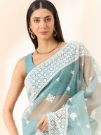 Blue Organza Geometric Embroidered Saree with Unstitched Blouse Piece - Roozal | Grocsy