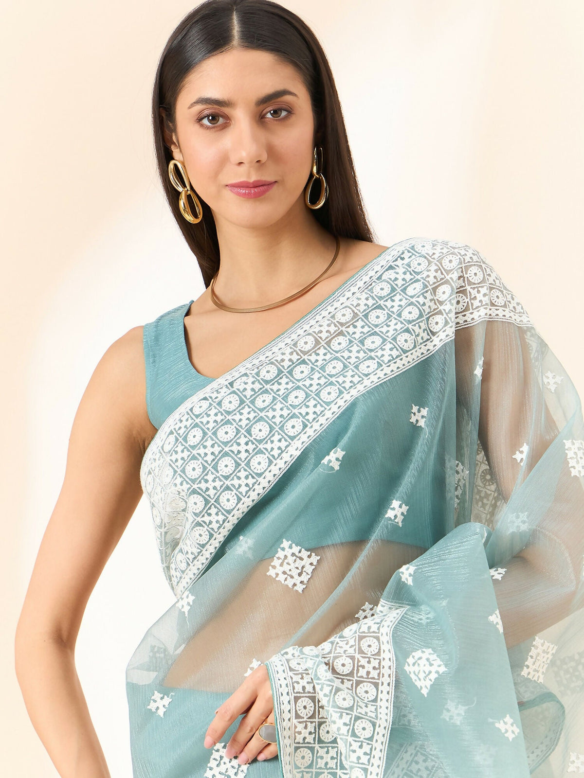 Blue Organza Geometric Embroidered Saree with Unstitched Blouse Piece - Roozal | Grocsy