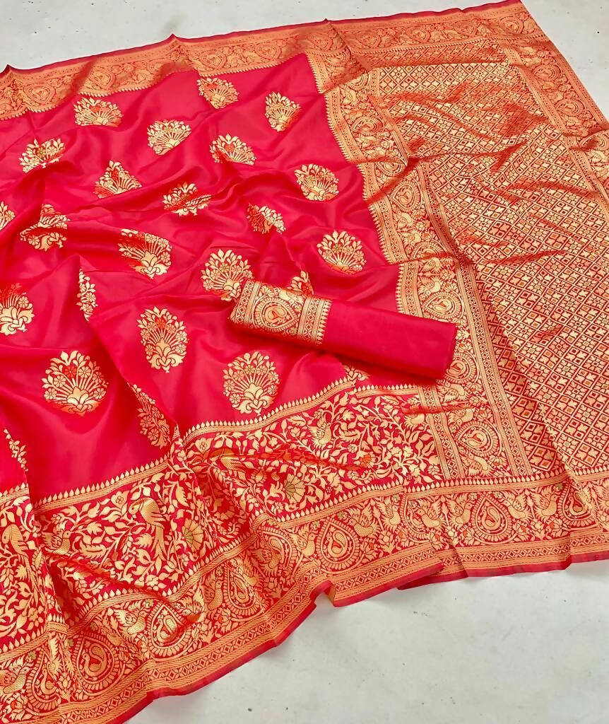 DEIANA'S Beautiful Designer Golden zari Soft Lichi Silk Saree - Red | Grocsy