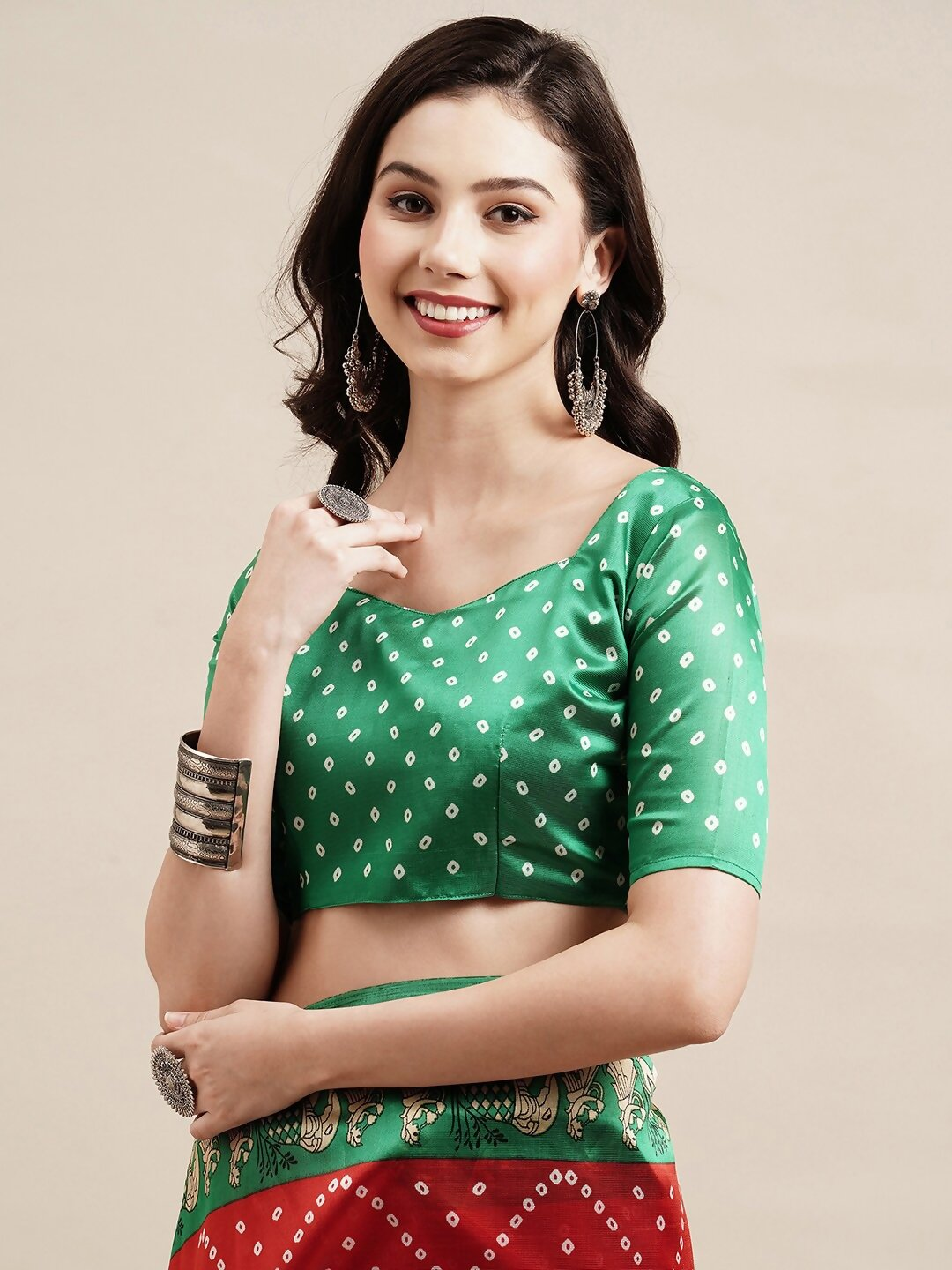 Saree Mall Red & Green Bandhani Printed Saree | Grocsy