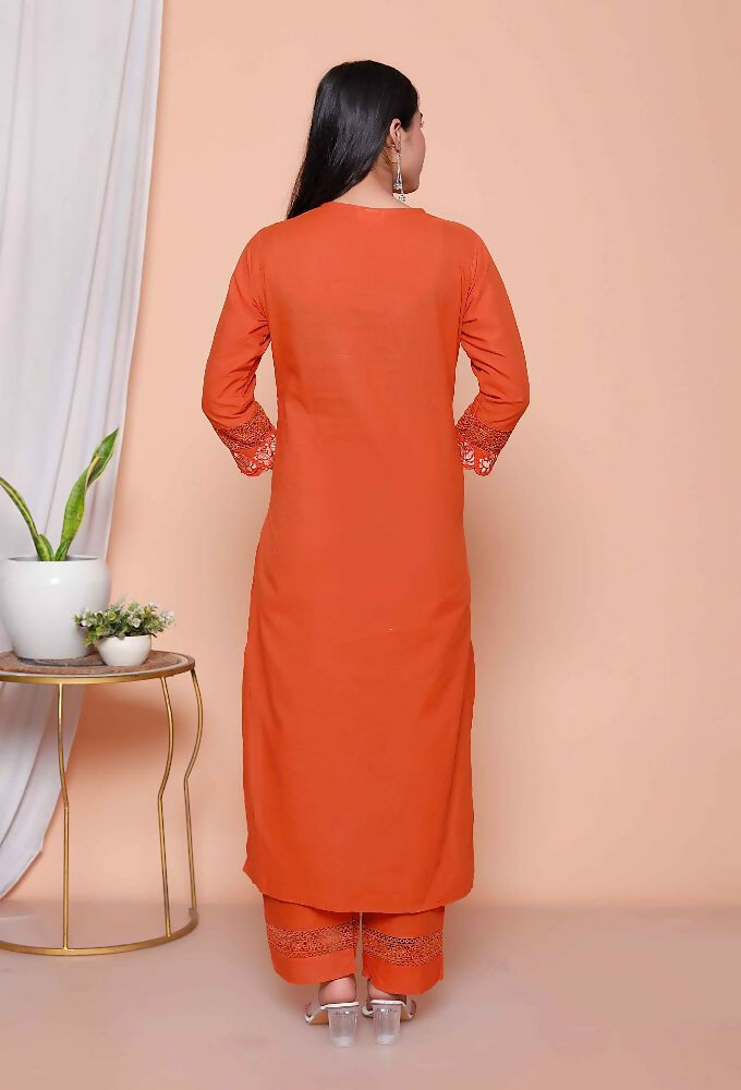 Miravan Womens Embroidered Cotton Kurta With Palazzo & Dupatta Set | Grocsy
