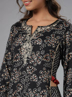 Juniper Women Black Rayon Slub Printed with Embroidered Kurta and Pants Set | Grocsy