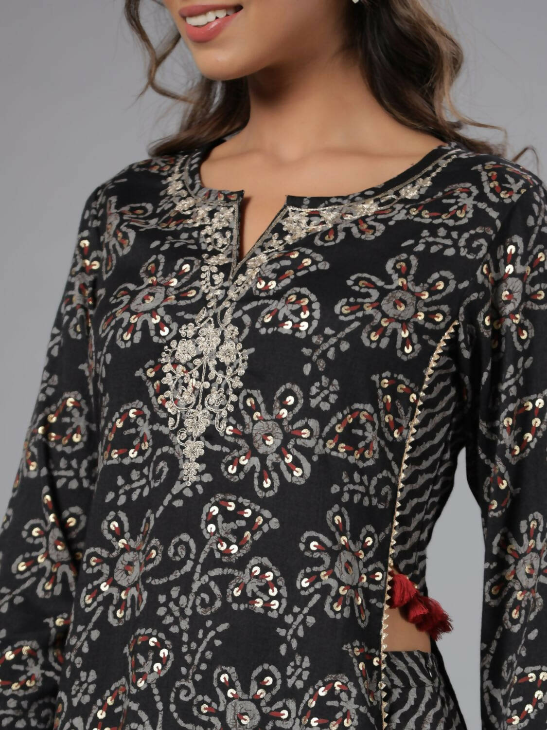 Juniper Women Black Rayon Slub Printed with Embroidered Kurta and Pants Set | Grocsy