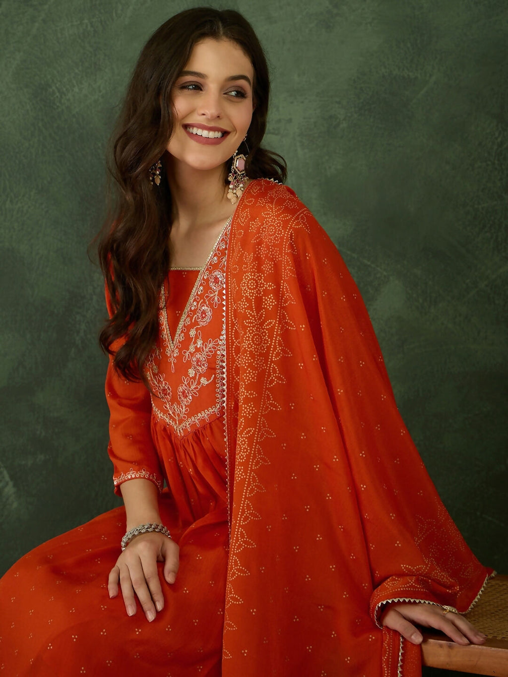The52 Orange Women's Gorgeous Embroidered Chinon Fabric Flared Kurta Pant and Dupatta Set | Grocsy
