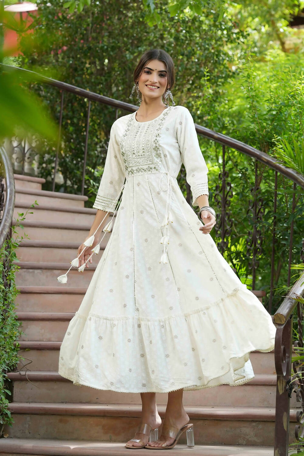 Juniper Off-White Rayon Festive Wear Embroidered A-Line Long Dress | Grocsy