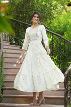 Juniper Off-White Rayon Festive Wear Embroidered A-Line Long Dress | Grocsy