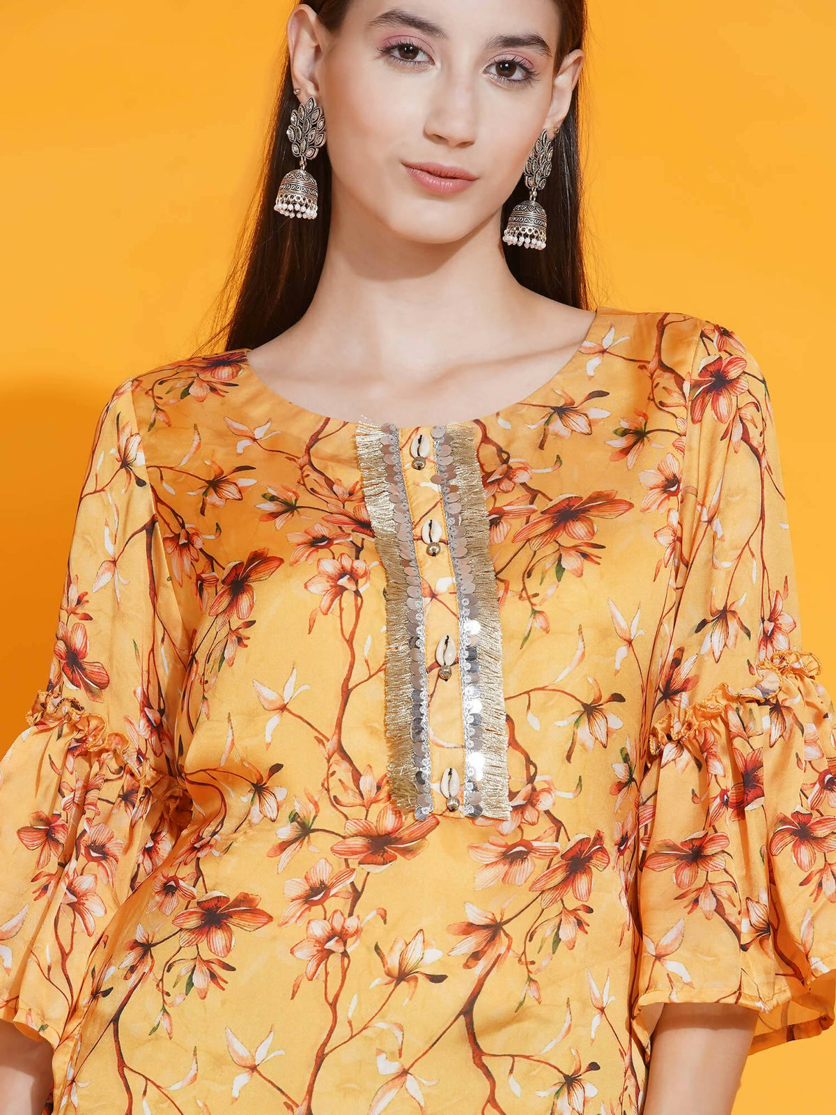 Women Republic Yellow Printed Satin Georgette Shirt With Bell Sleeves And Dhoti | Grocsy