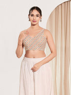 Joban Fashion Peach Jacquard Padded Blouse With V Neck Sleeveless | Grocsy