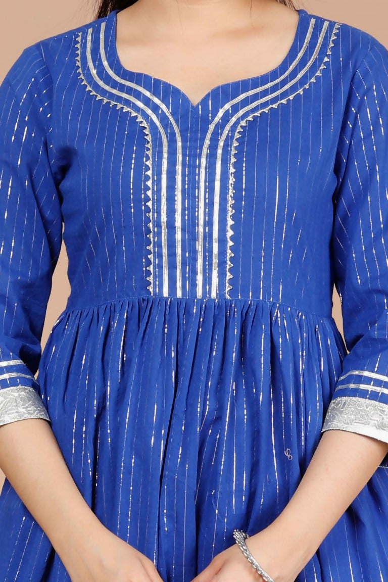 Miravan Women's Blue Printed Pure Cotton A-Line Kurti With Sharara | Grocsy