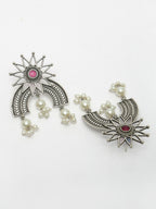 NVR Women's Floral Silver-Plated Artificial Stones and Beads Drop Earrings | Grocsy