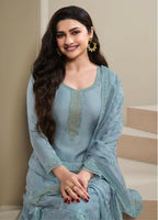 Anaita Blue Heavy Natural Crepe Stitched Suit with Embroidery & Zarkhan Work | Grocsy