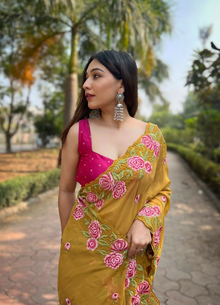 Vamsee Nimrat Mustard Organza Silk Saree | Grocsy