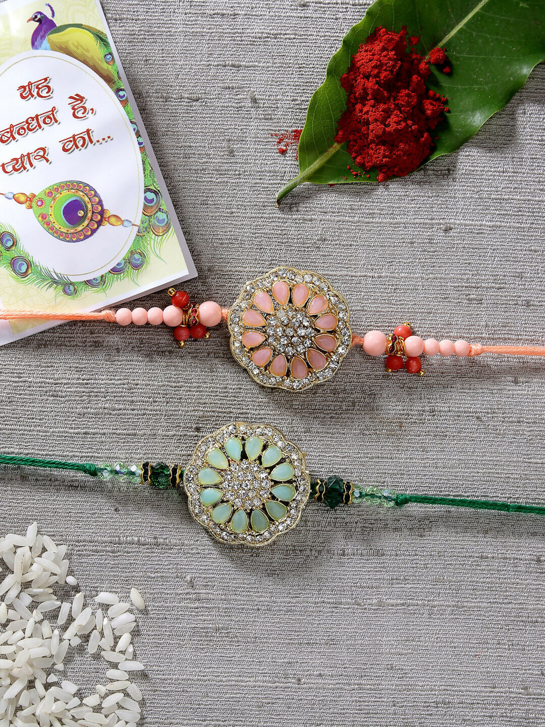 NVR Men Set of 2 Pink & Green Stone-Studded Rakhi With Roli Chawal | Grocsy