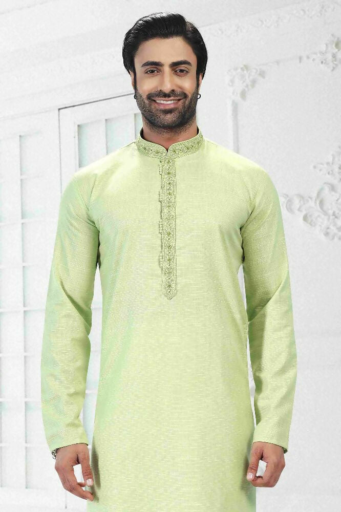 Raivat Ethnic Linen Cotton Thread Work Kurta Pajama In Pista Green Colour | Grocsy