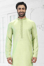 Raivat Ethnic Linen Cotton Thread Work Kurta Pajama In Pista Green Colour | Grocsy