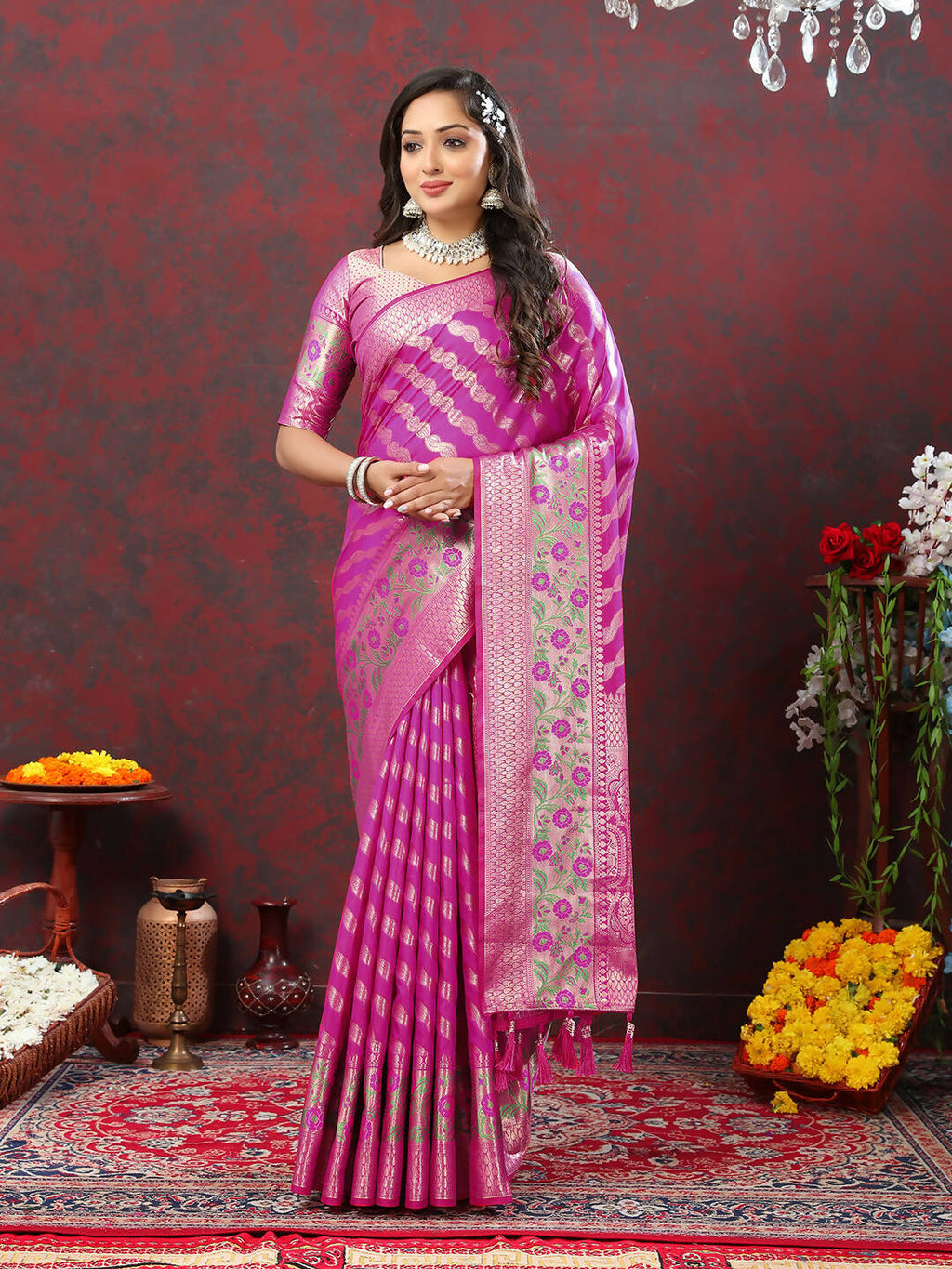 Lorenvalley Fashion Magenta Soft Silk Woven Design with Zari Weaving Leheriya Design Saree | Grocsy